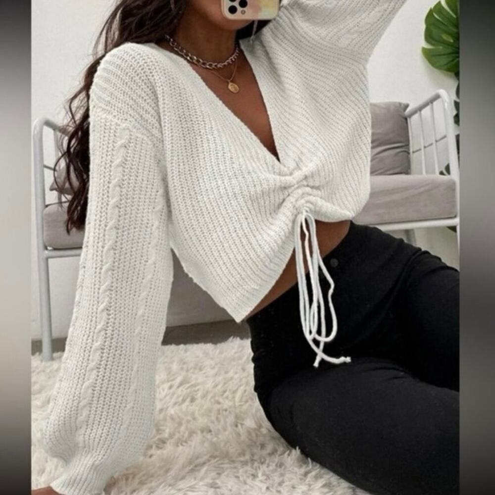 SHEIN White Knit Drawstring Crop Sweater V Neck Long Sleeve Pullover EUC Sz S